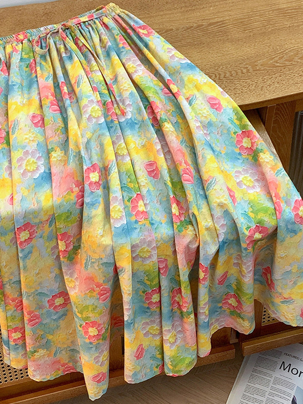 Midi Skirt Floral - Retro Artistic Large Size A-Line Midi