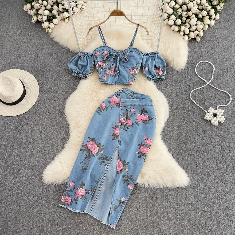Fashion Floral Print Denim Ski - Romper Floral Print avis et prix