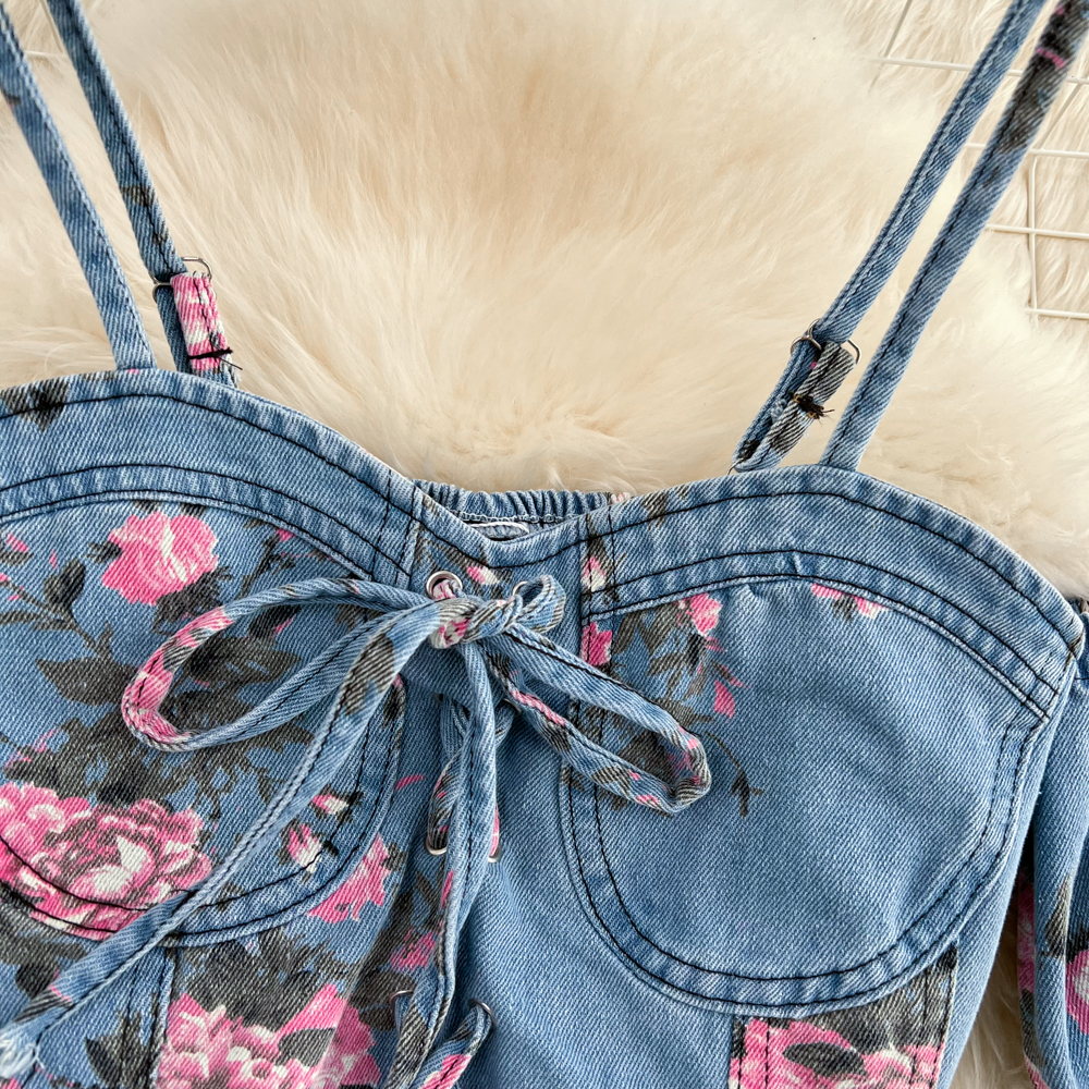 Fashion Floral Print Denim Ski - Romper Floral Print avis et prix