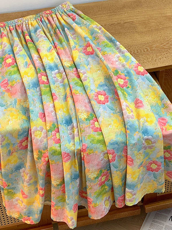 Retro Artistic Large Size A-Li - Midi Skirt Floral avis et prix