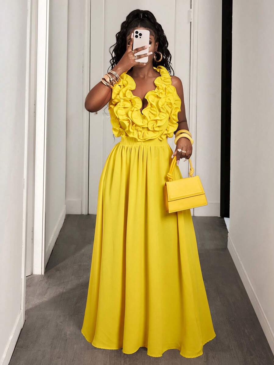Yellow Deep V-Neck Ruffle Halt - Maxi Dress Halter avis et prix