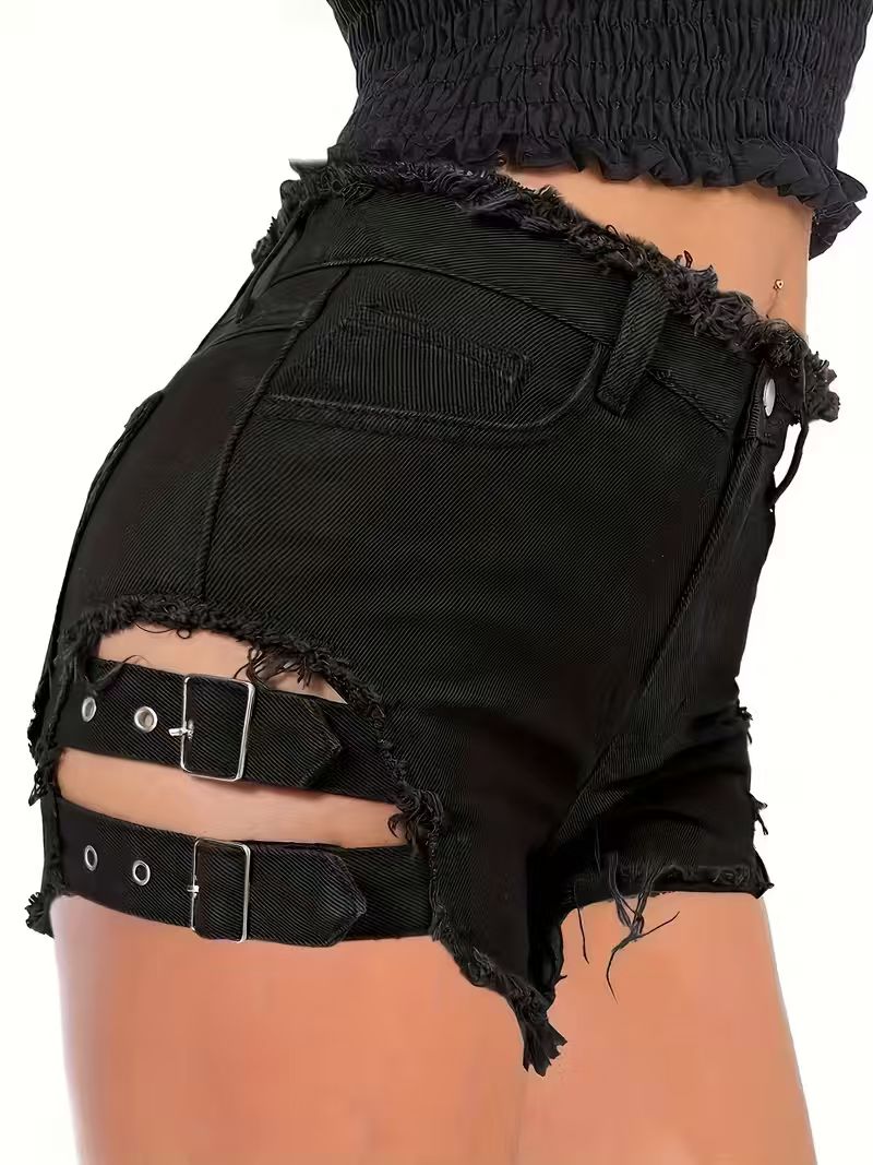 Women's Black Denim Shorts Low - Shorts Denim Frayed avis et prix