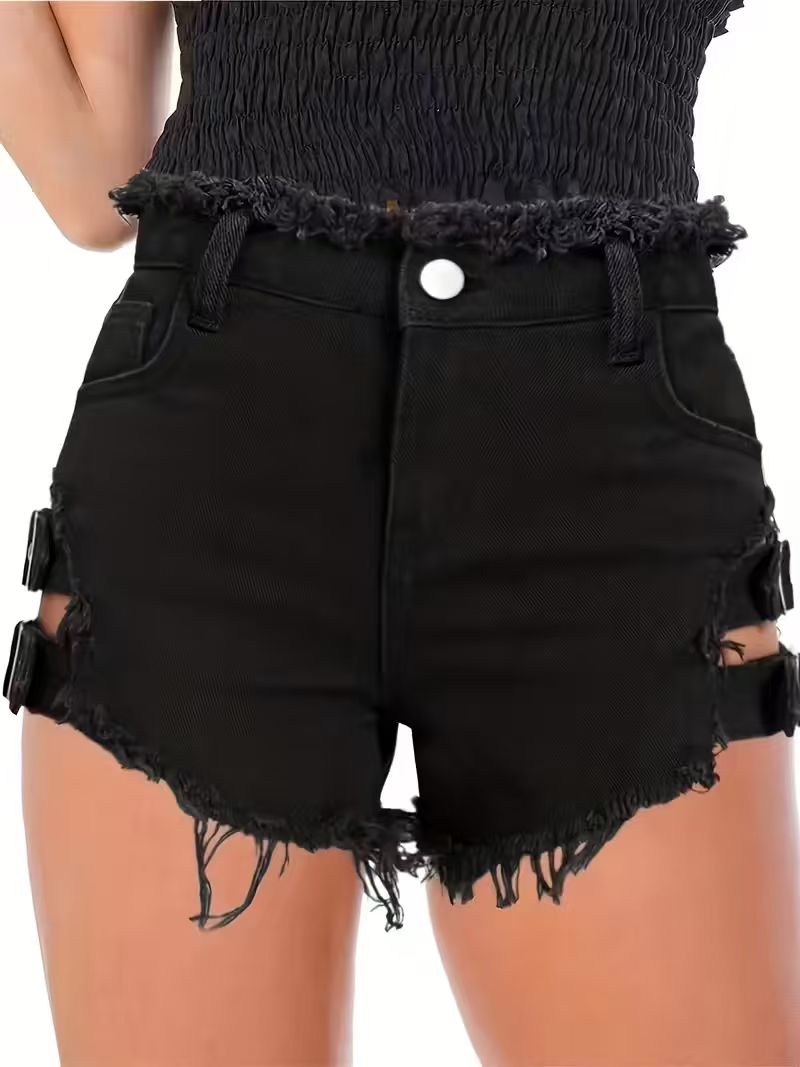 Women's Black Denim Shorts Low - Shorts Denim Frayed avis et prix