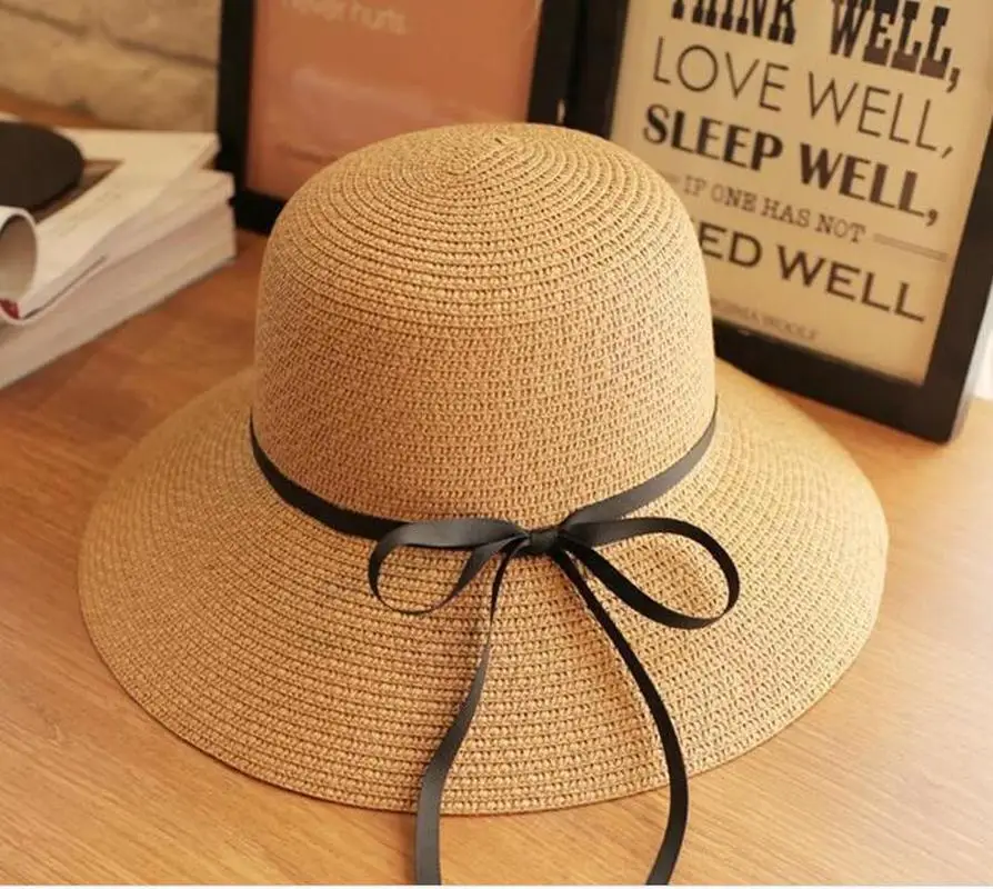 Wide Brim Bowknot Ribbon Straw - Hat Floppy Wide avis et prix
