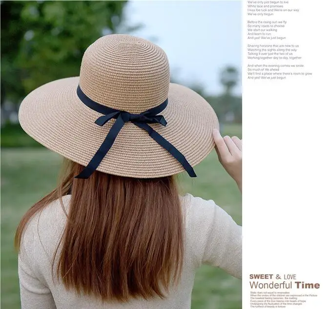 Wide Brim Bowknot Ribbon Straw - Hat Floppy Wide avis et prix