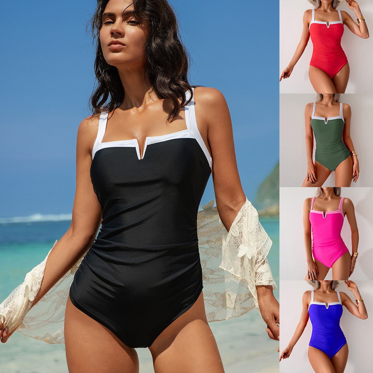 Black Swimsuit V Neck Red Biki - Swimsuit Bikini Ruched avis et prix