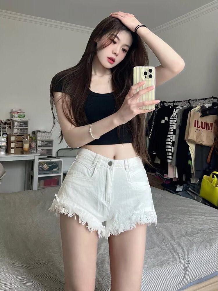 High Waist White Denim Shorts  - Shorts Denim Frayed avis et prix