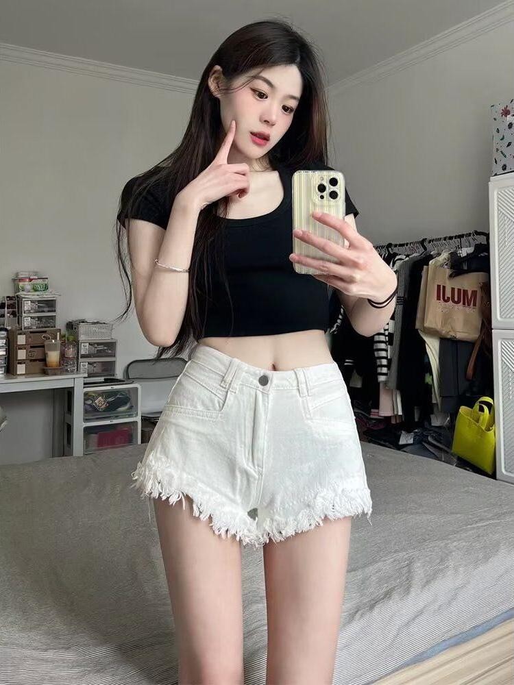 High Waist White Denim Shorts  - Shorts Denim Frayed avis et prix