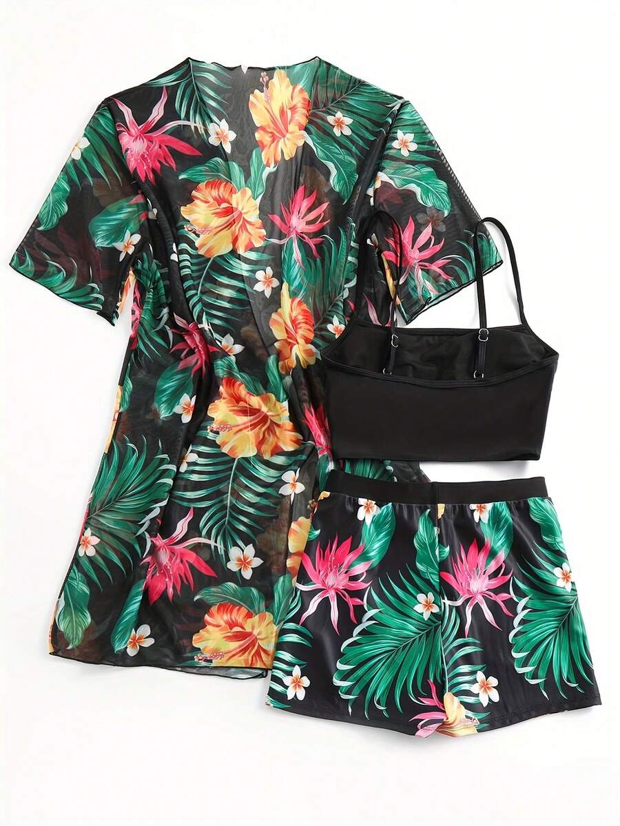 Floral Print 3-Piece Swim Set: - Kimono Sheer Floral avis et prix