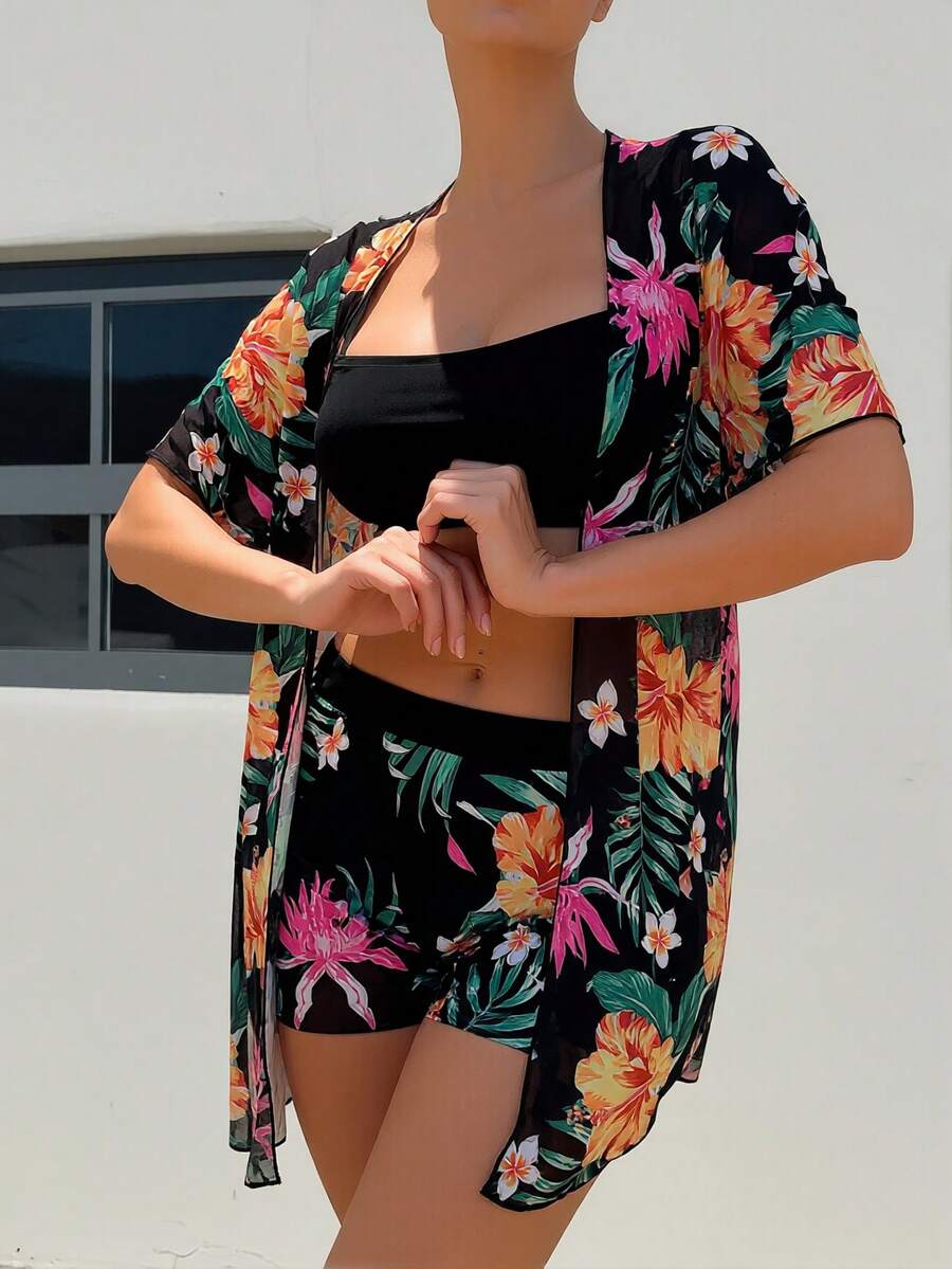 Floral Print 3-Piece Swim Set: - Kimono Sheer Floral avis et prix