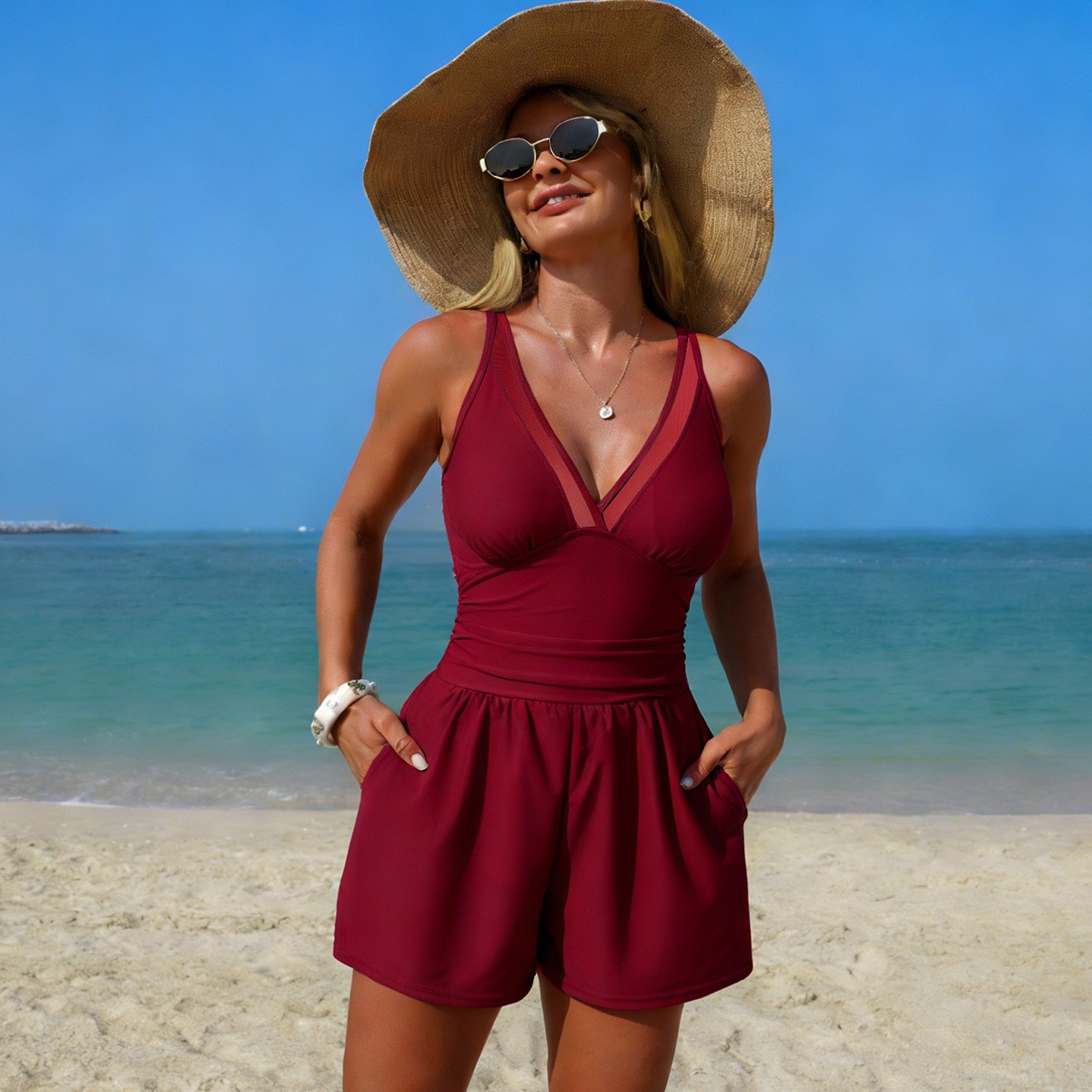 Black Solid Color Sleeveless V - Swimsuit Bikini Ruched avis et prix