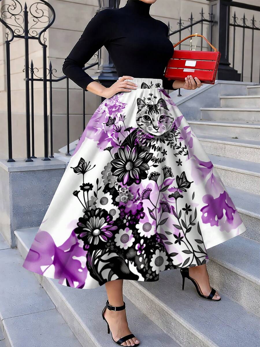 Oversized Floral Cat Print Mid - Midi Skirt Floral avis et prix
