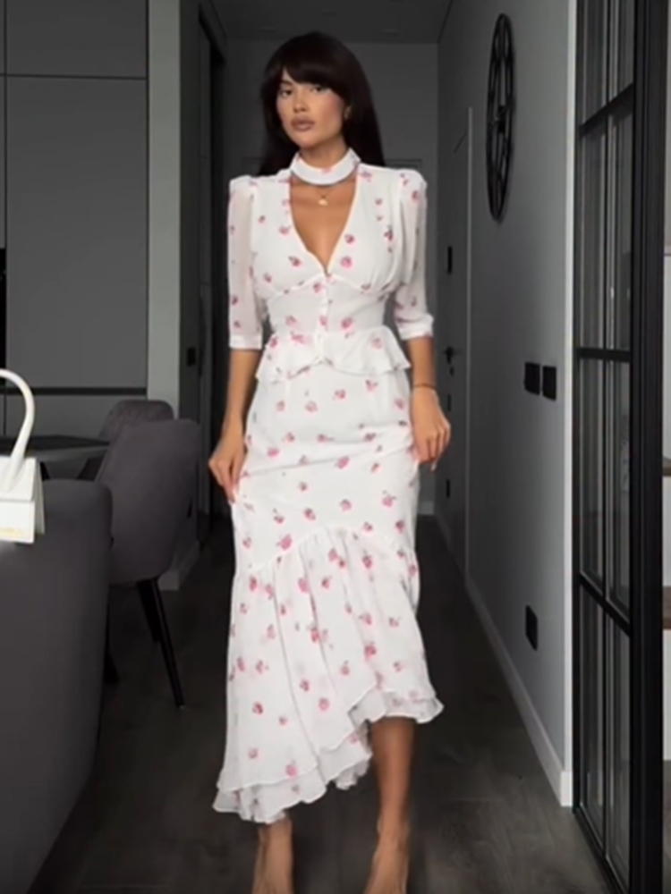 Women White Pink Floral Choker - Midi Skirt Floral avis et prix