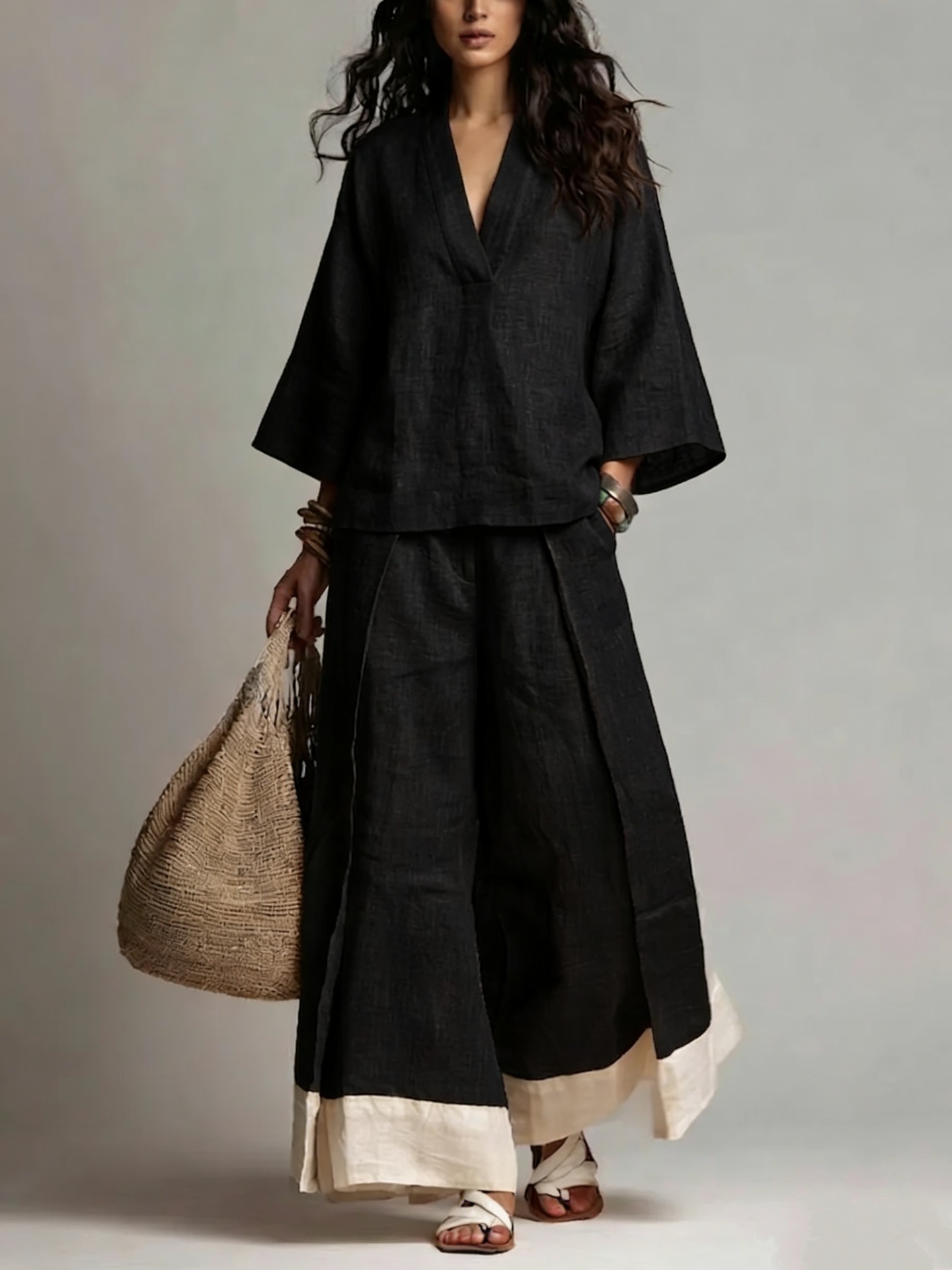 Summer Women V-neck Cotton Lin - Linen Pant Wide avis et prix
