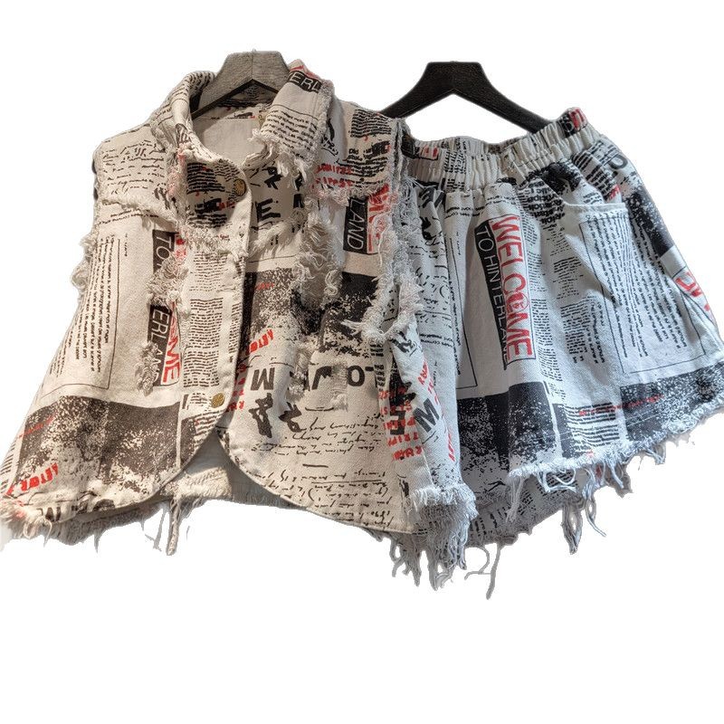 Chic Women Newspapers Letters  - Shorts Denim Frayed avis et prix