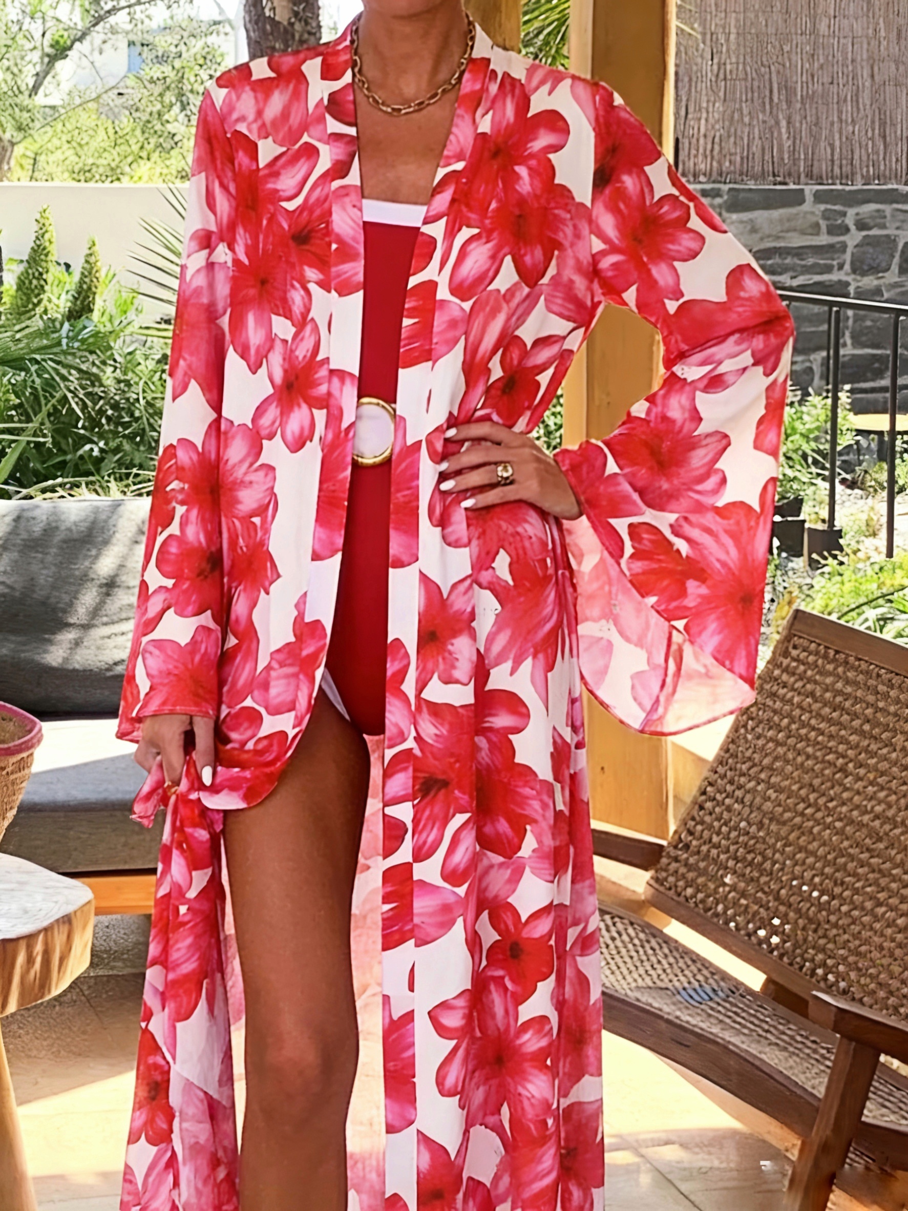 Women's Red Floral Kimono Robe - Kimono Sheer Floral avis et prix