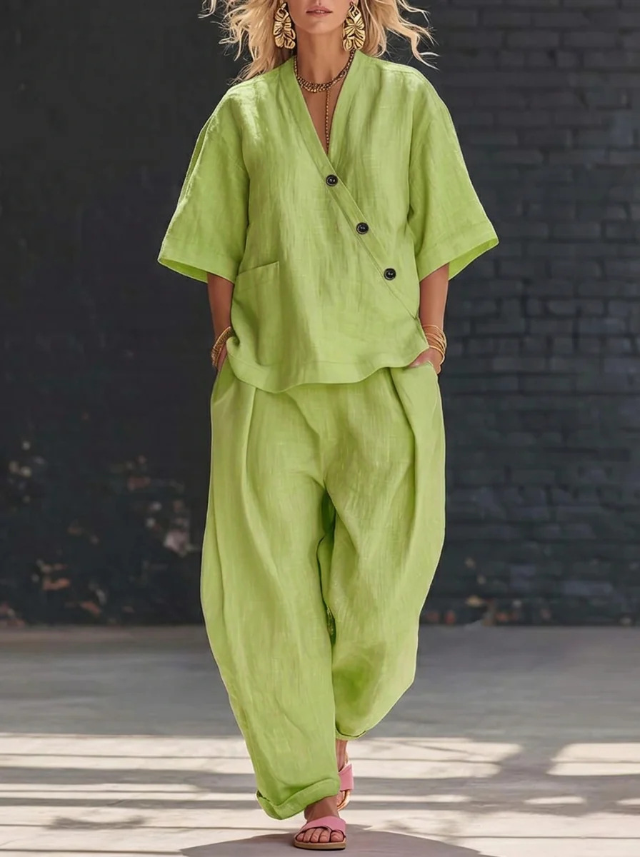 Women’s Two Piece Set Loose V  - Linen Pant Wide avis et prix