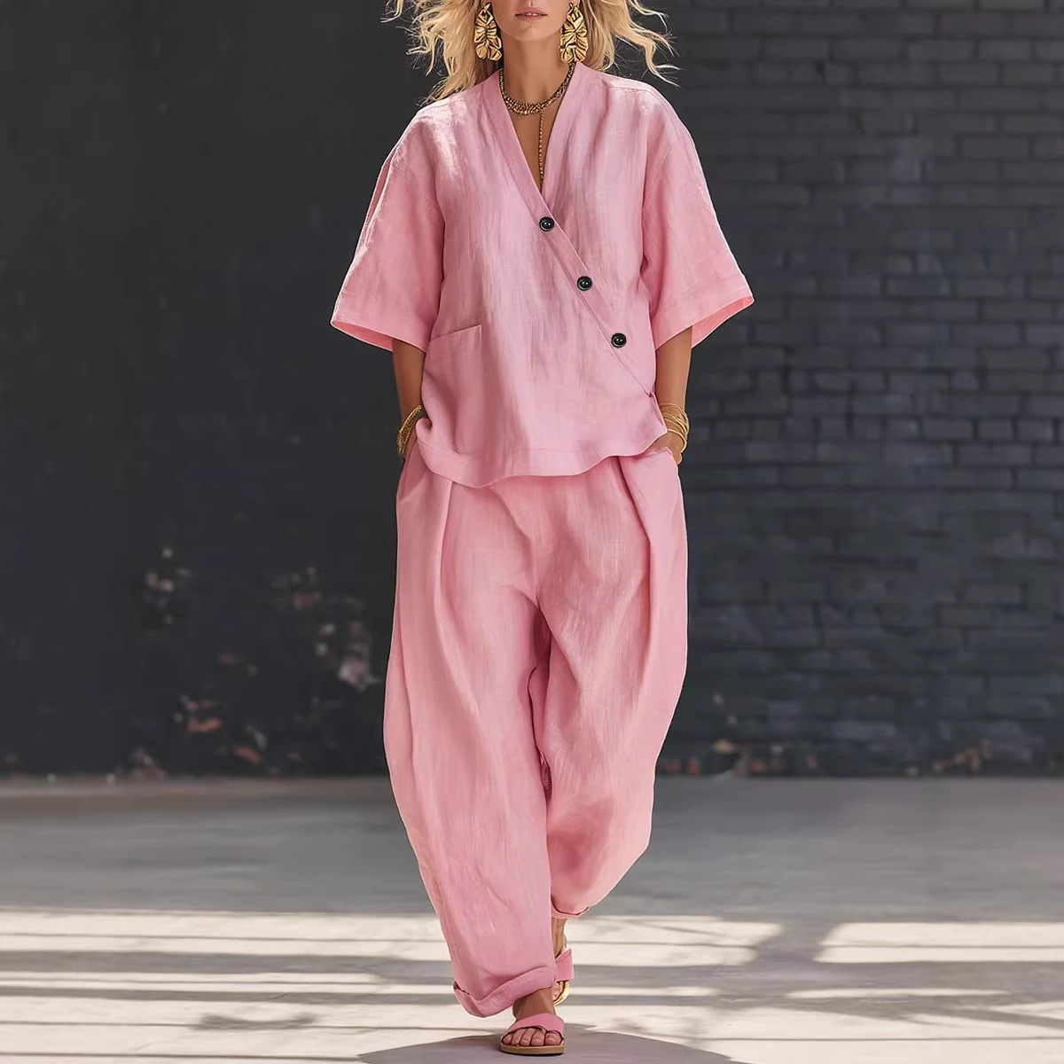 Women’s Two Piece Set Loose V  - Linen Pant Wide avis et prix