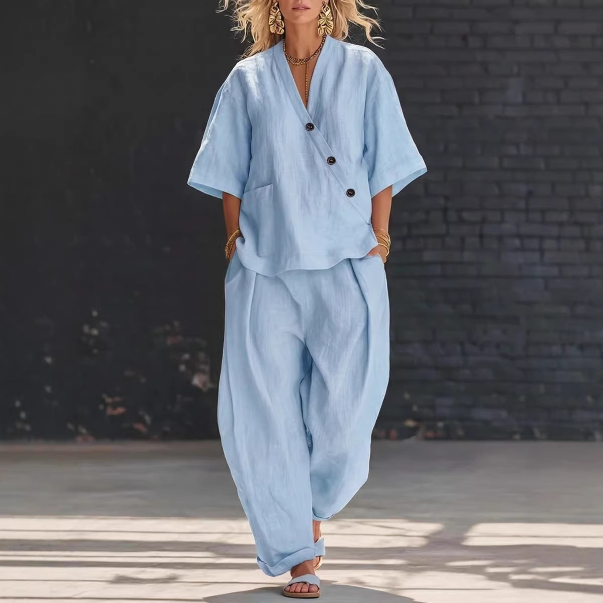Women’s Two Piece Set Loose V  - Linen Pant Wide avis et prix
