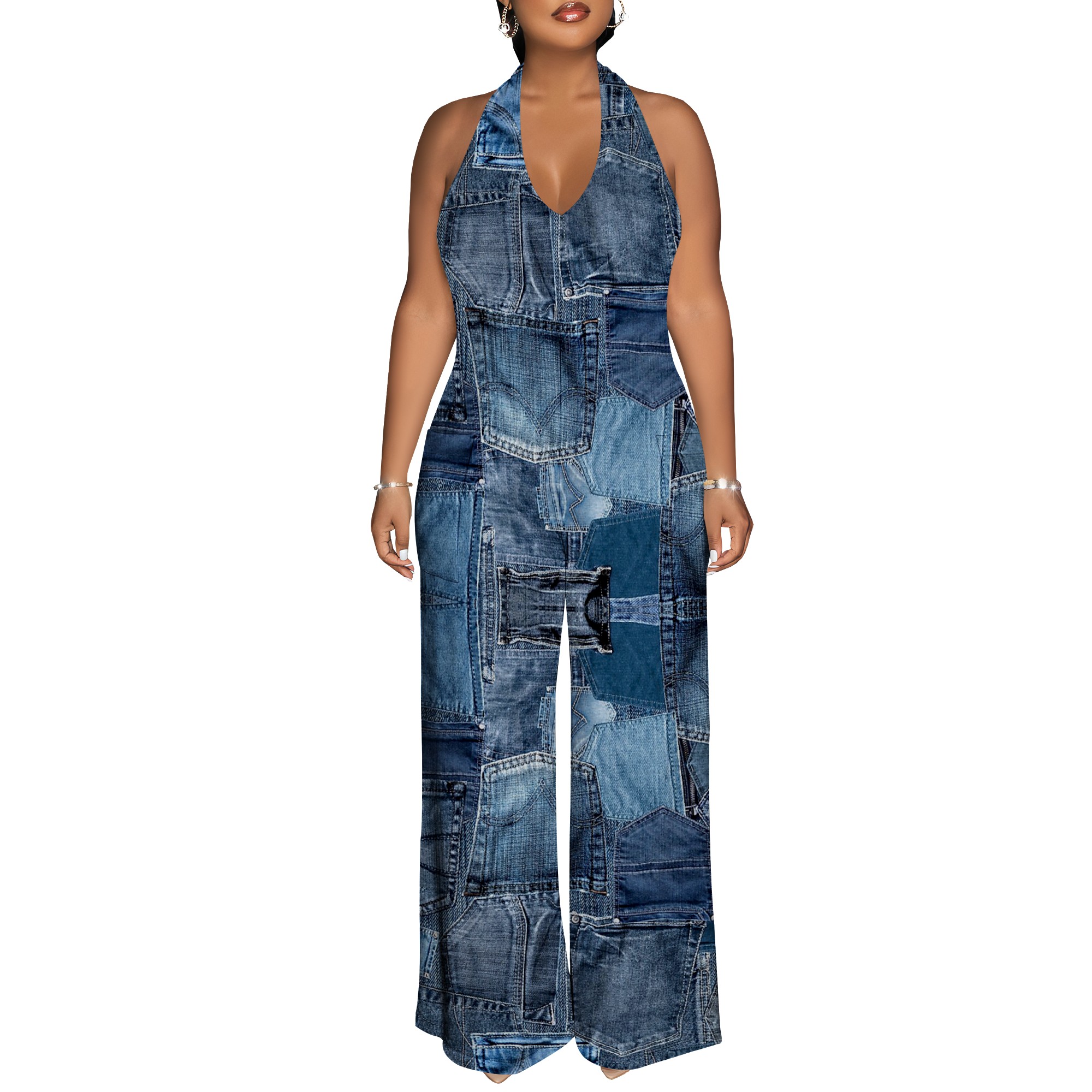Denim Patchwork Halter V-Neck  - Maxi Dress Halter avis et prix