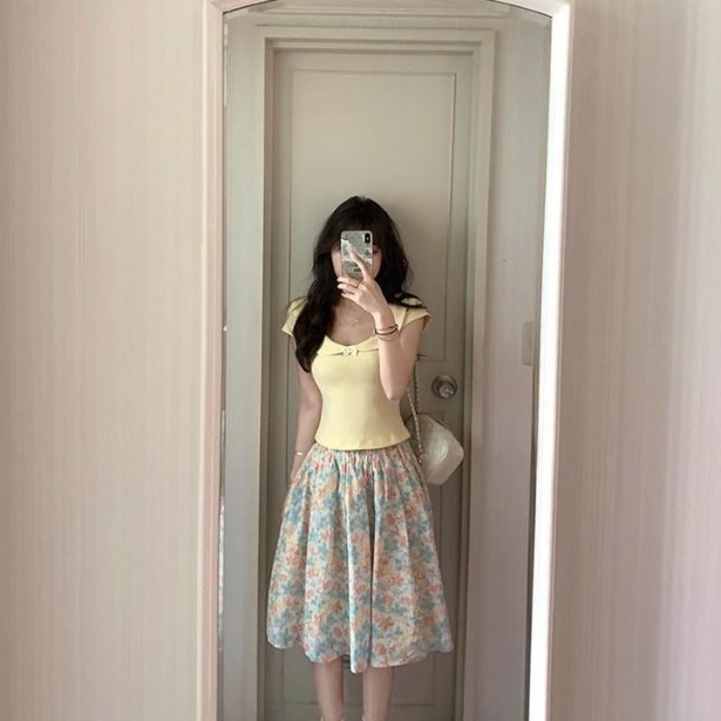 Women 2 Piece Set Bow Top And  - Midi Skirt Floral avis et prix