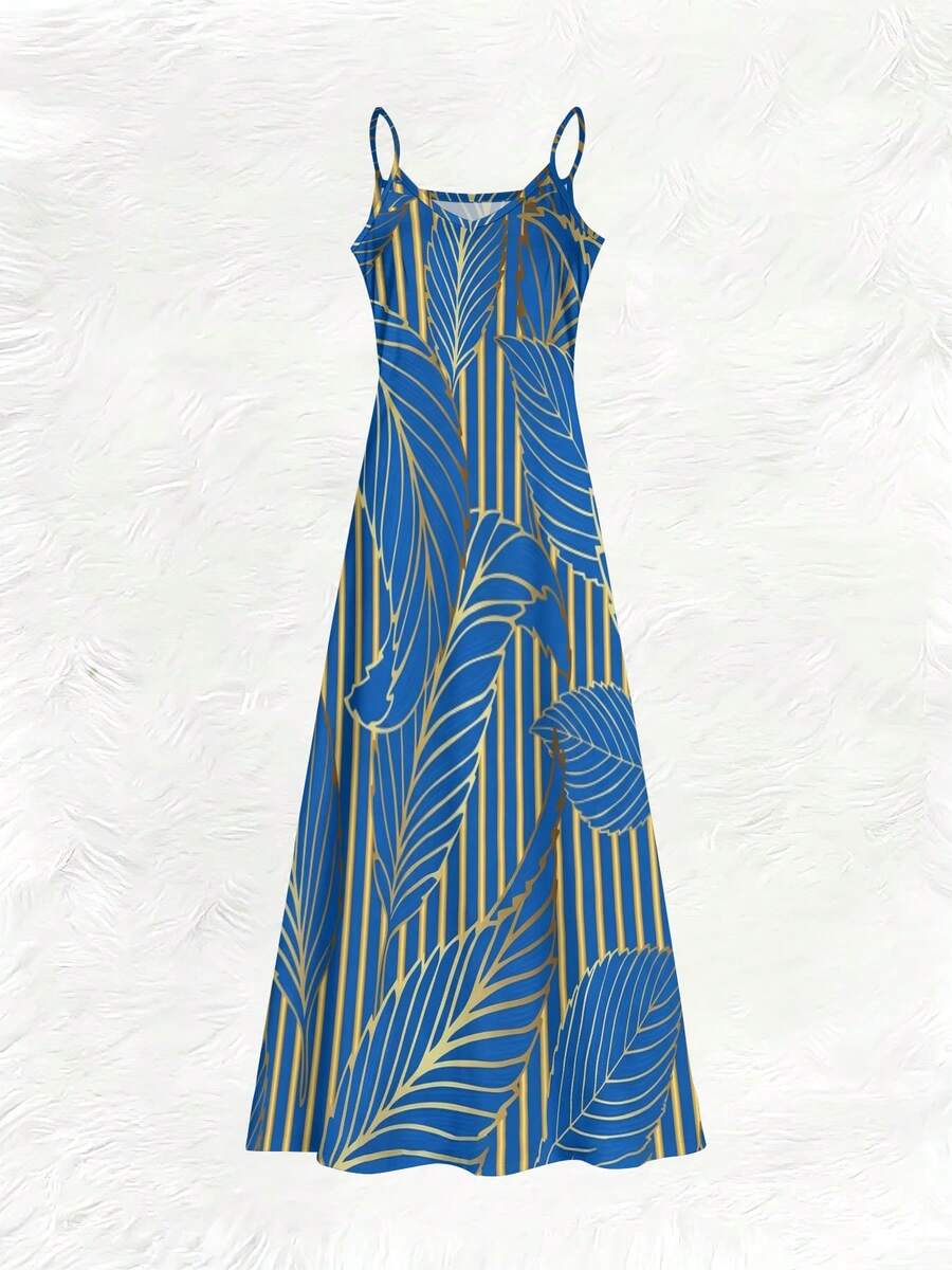 Blue Tropical Leaf Print V-Nec - Maxi Dress Halter avis et prix