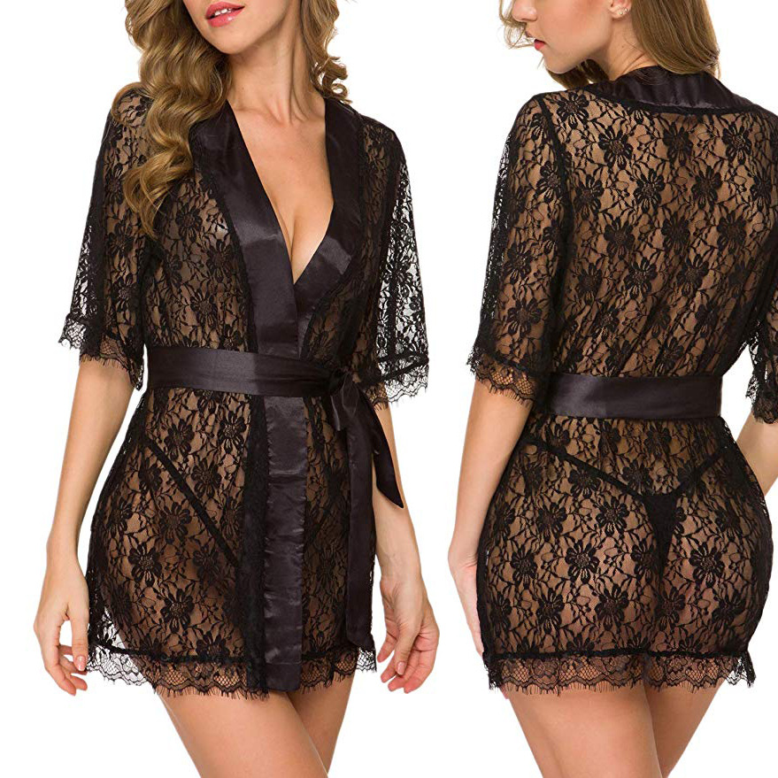 Floral Lace V-Neck Lingerie Ni - Kimono Sheer Floral avis et prix